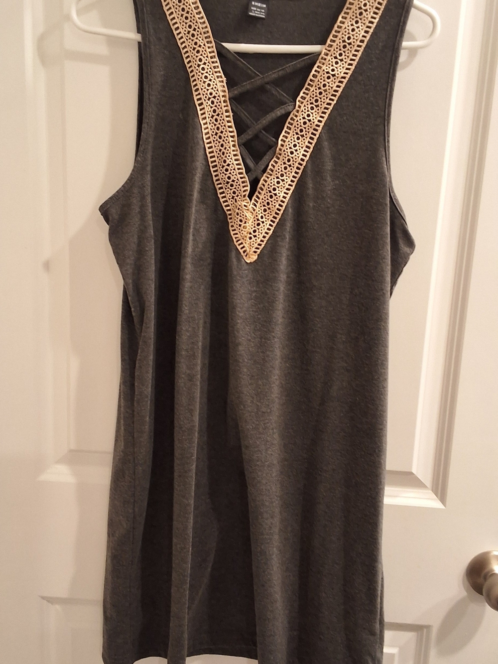 SHEIN Charcoal Gray Sleeveless Tank with Cream Crochet V-Neck